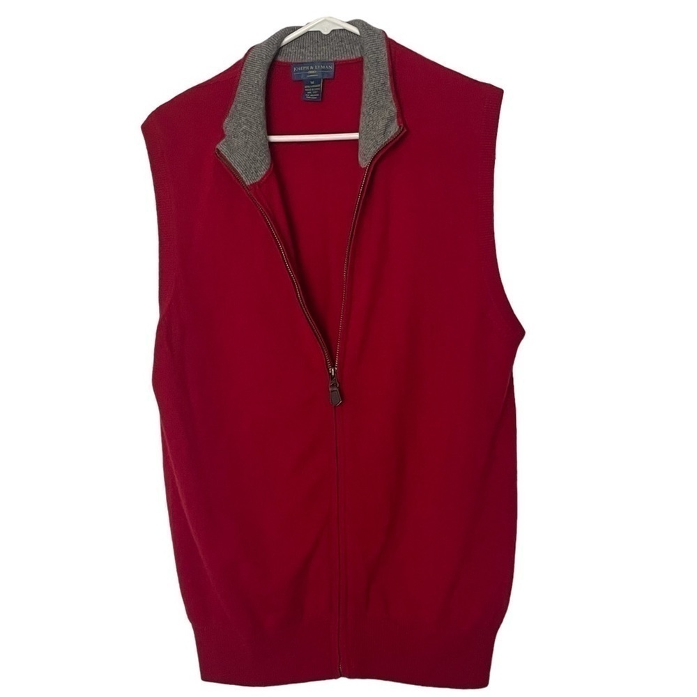 JOSEPH & LYMAN CASHMERE VEST ZIP DOWN RED & GREY SIZE M